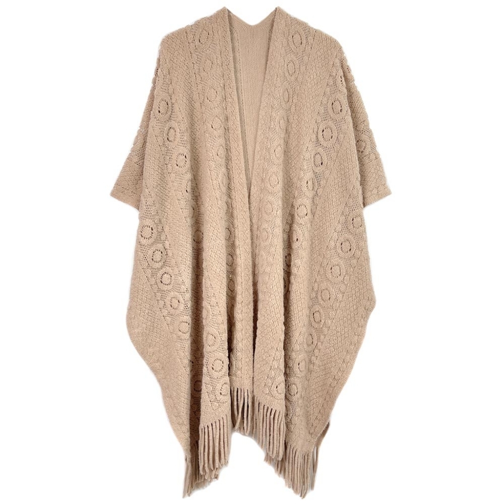 Beige Crochet Shawl Fringe Poncho Scarf Sweater Open Front Cape Womens Wrap